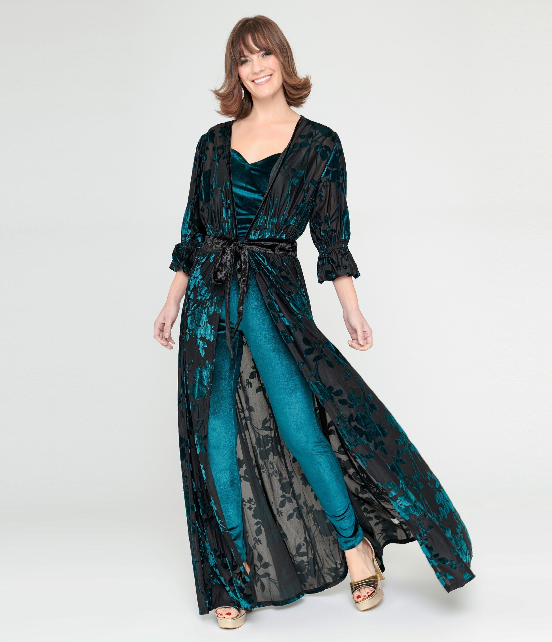  Unique Vintage Black & Teal Floral Velvet Burnout Duster