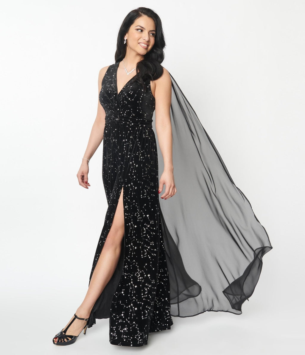  Unique Vintage Black Velvet Constellation Cape Gown