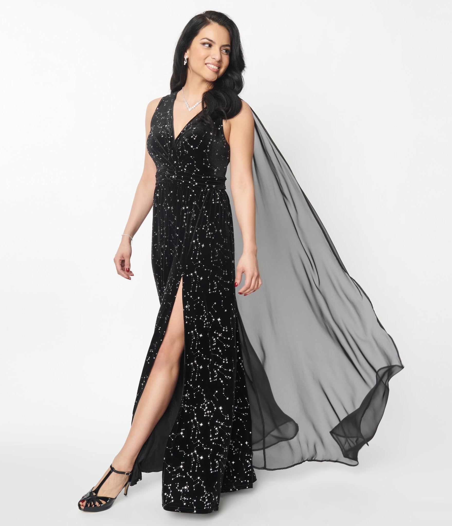  Unique Vintage Black Velvet Constellation Cape Gown