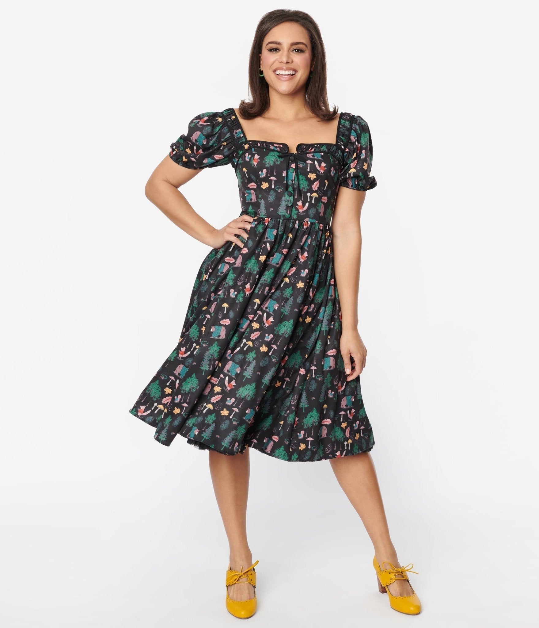  Unique Vintage Black Woodland Creature Button Front Dress