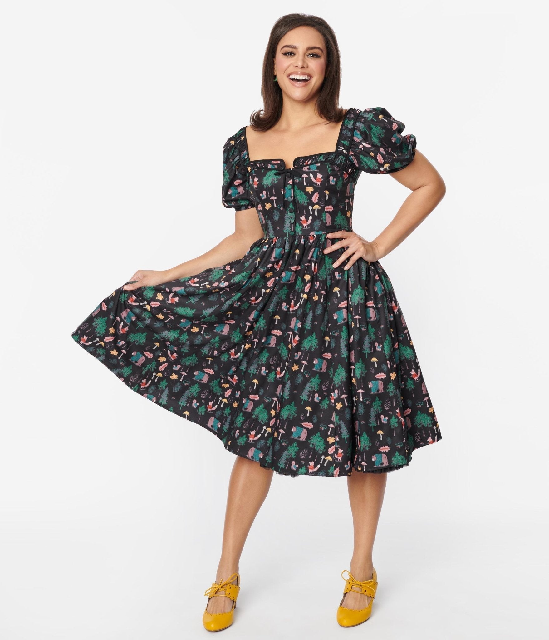  Unique Vintage Black Woodland Creature Button Front Dress