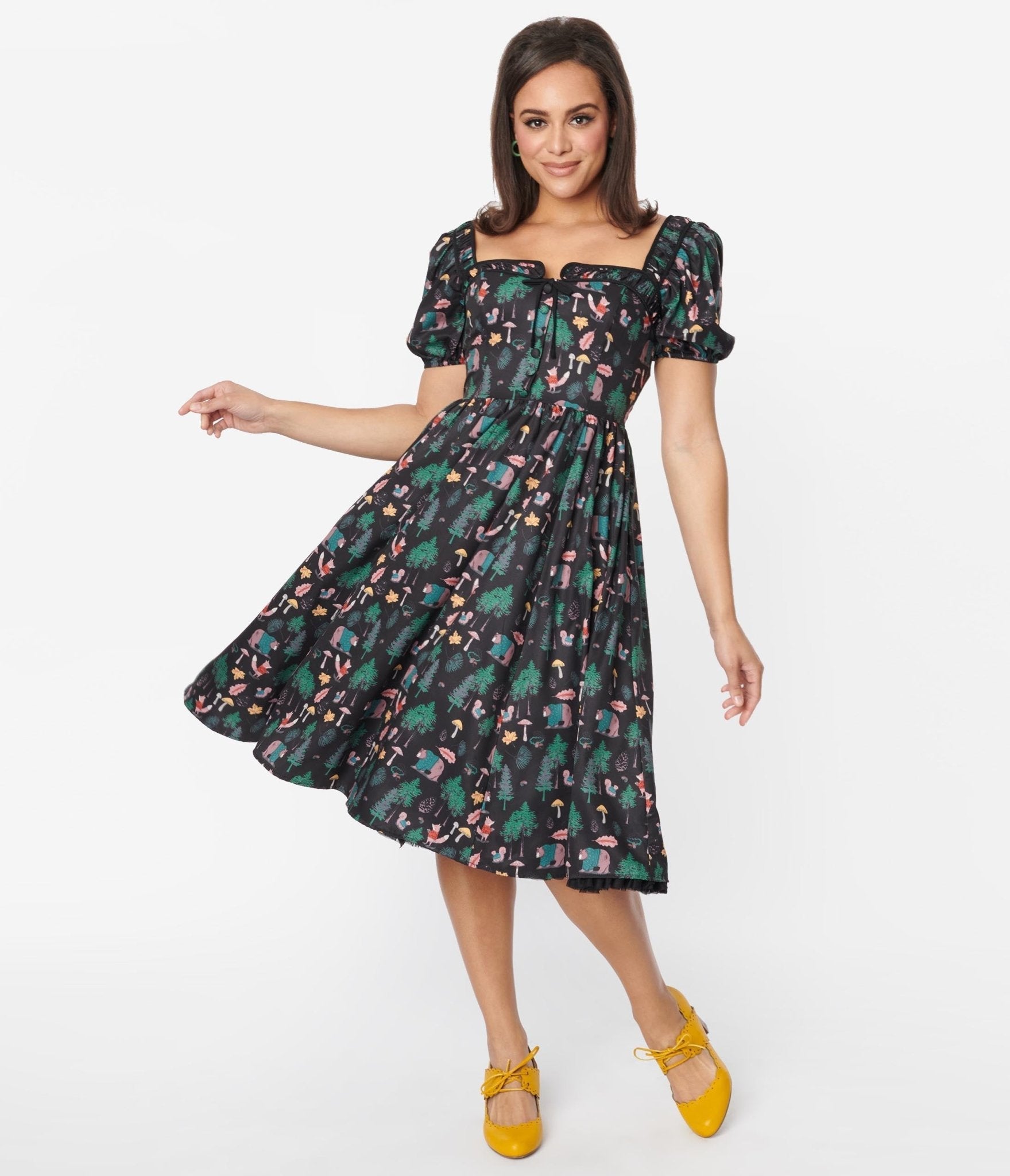  Unique Vintage Black Woodland Creature Button Front Dress