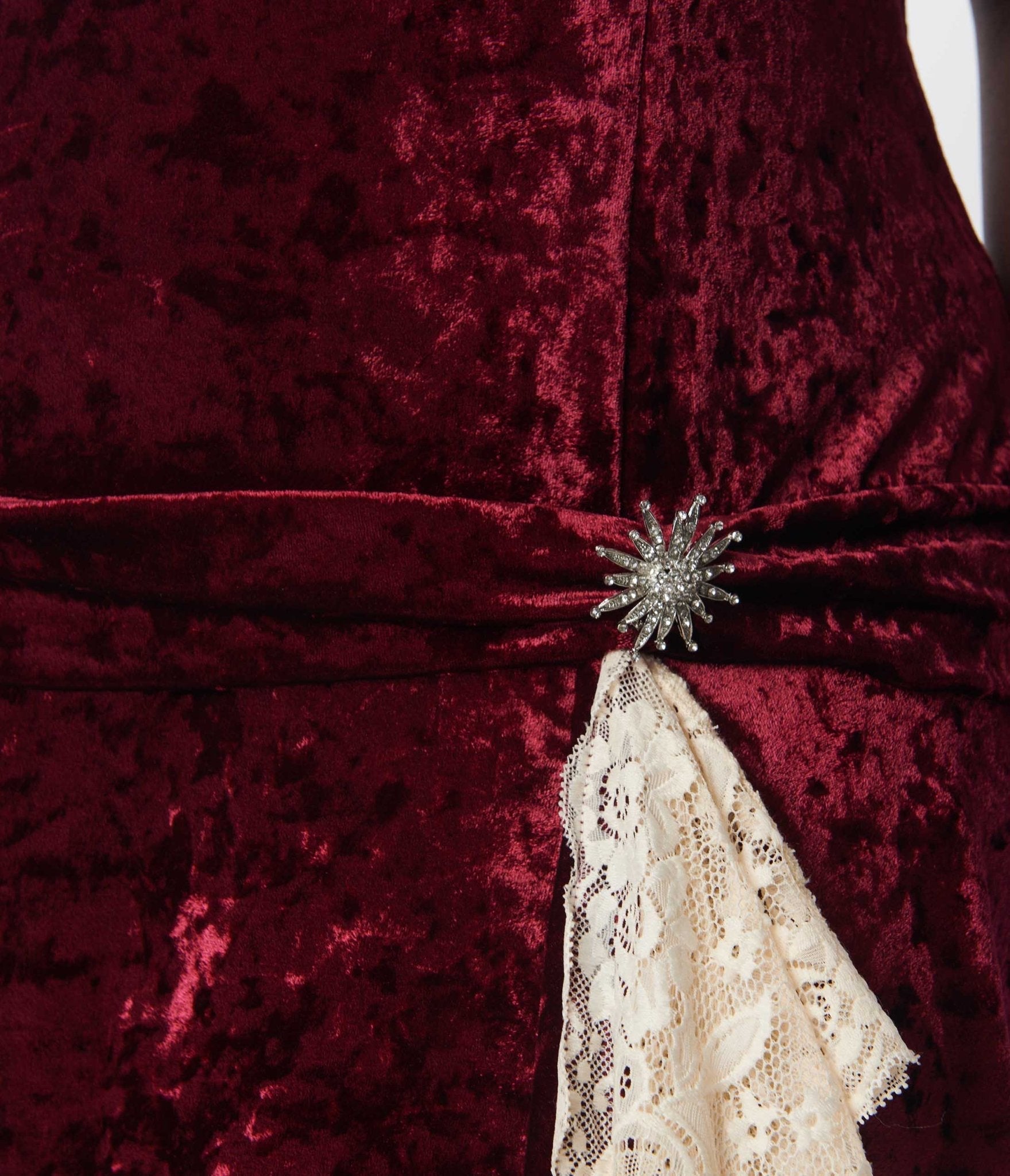  Unique Vintage Burgundy Crushed Velvet & Ivory Lace Flapper Dress