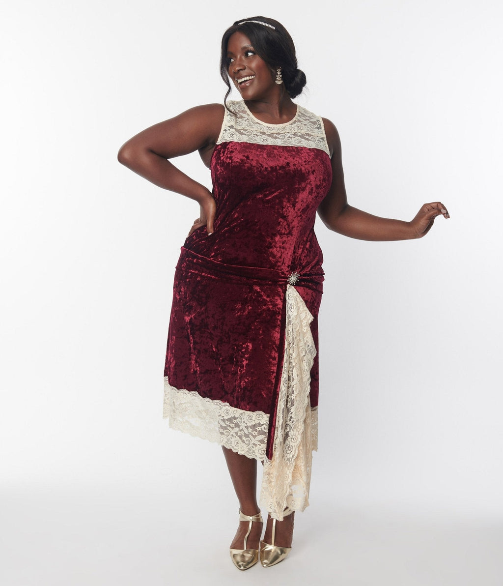  Unique Vintage Burgundy Crushed Velvet & Ivory Lace Flapper Dress