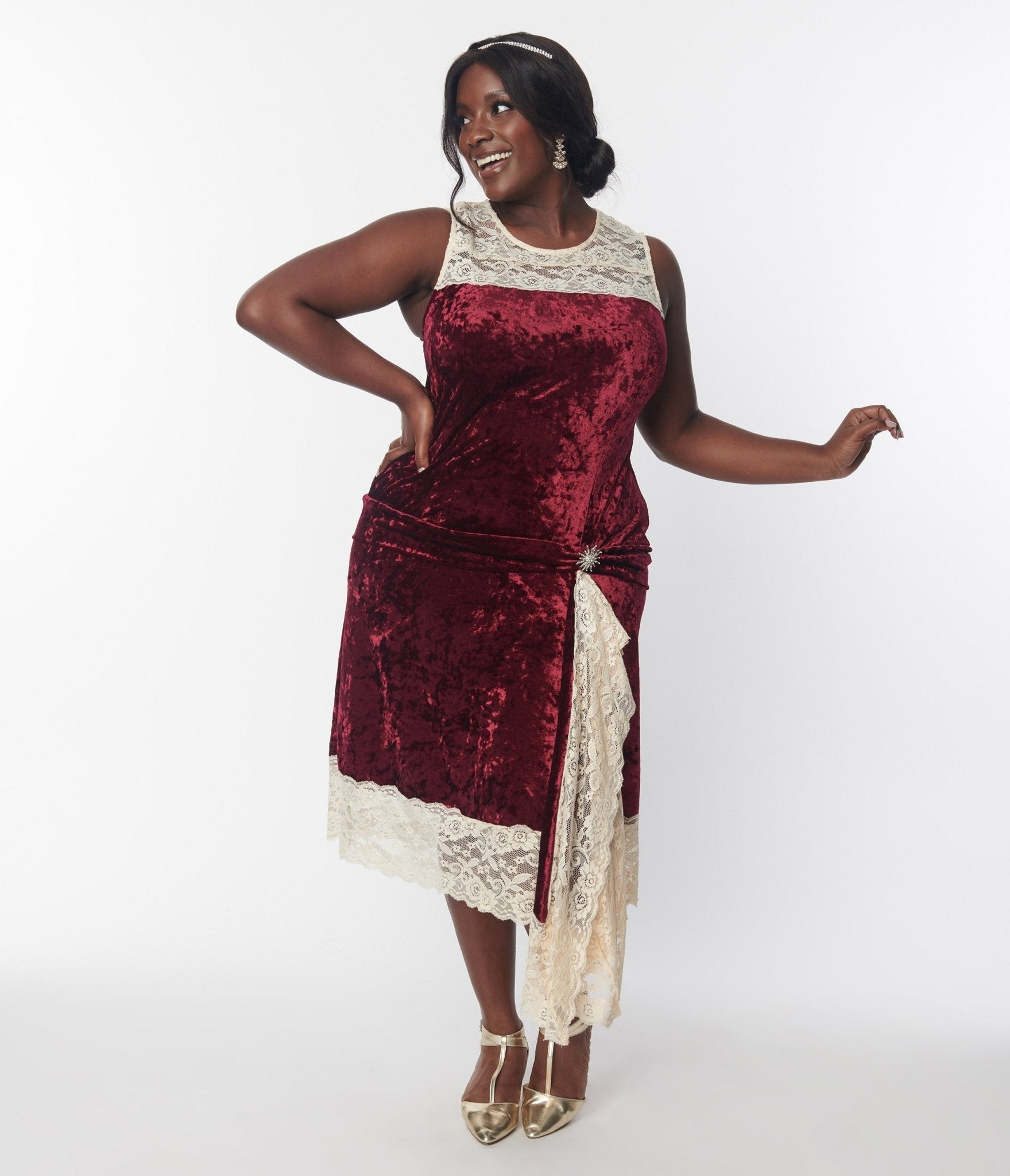  Unique Vintage Burgundy Crushed Velvet & Ivory Lace Flapper Dress
