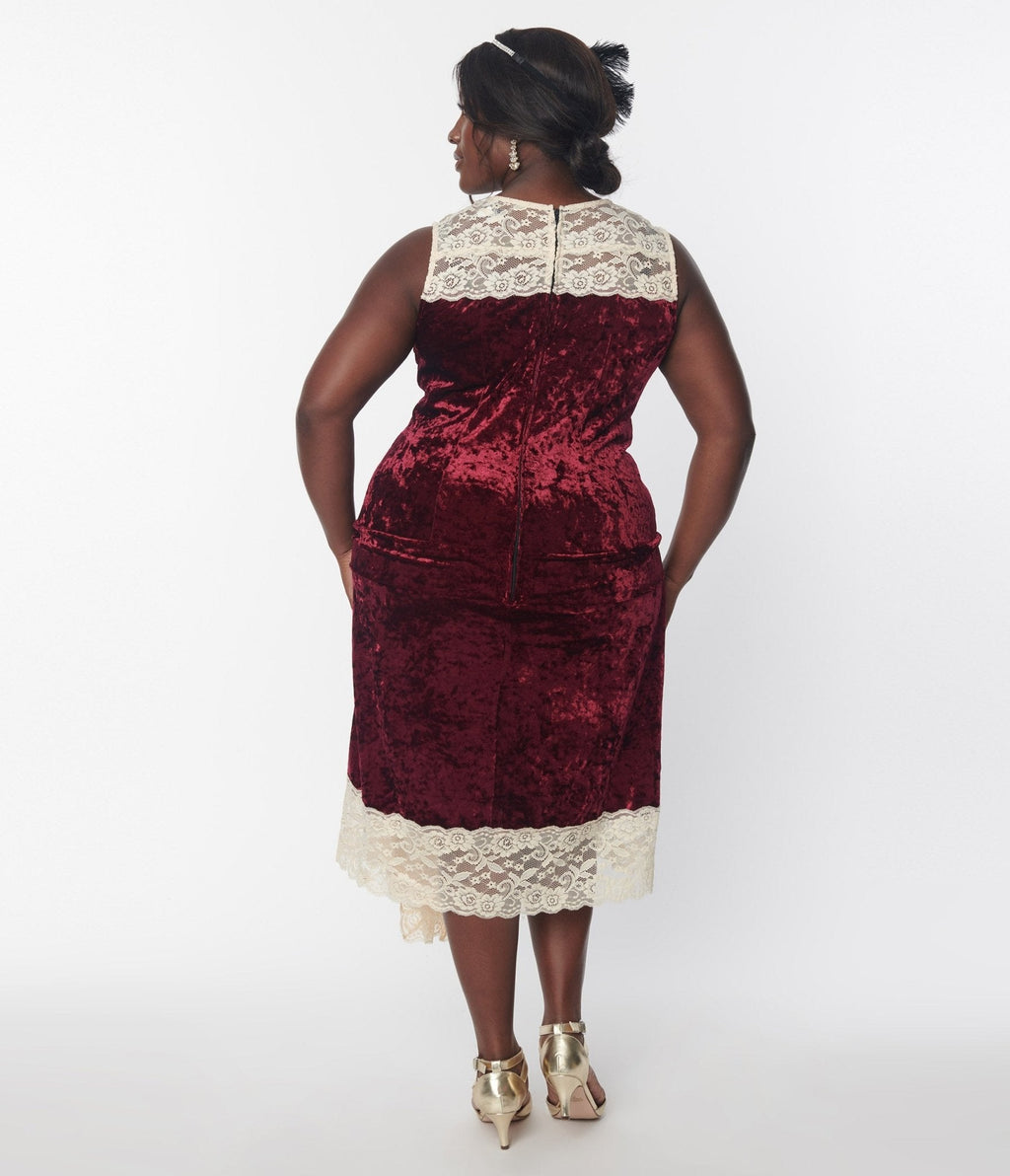  Unique Vintage Burgundy Crushed Velvet & Ivory Lace Flapper Dress