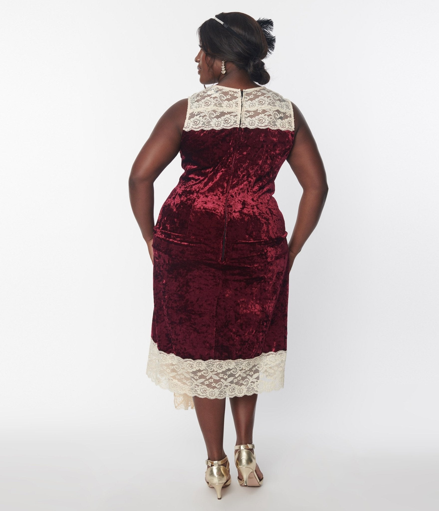  Unique Vintage Burgundy Crushed Velvet & Ivory Lace Flapper Dress