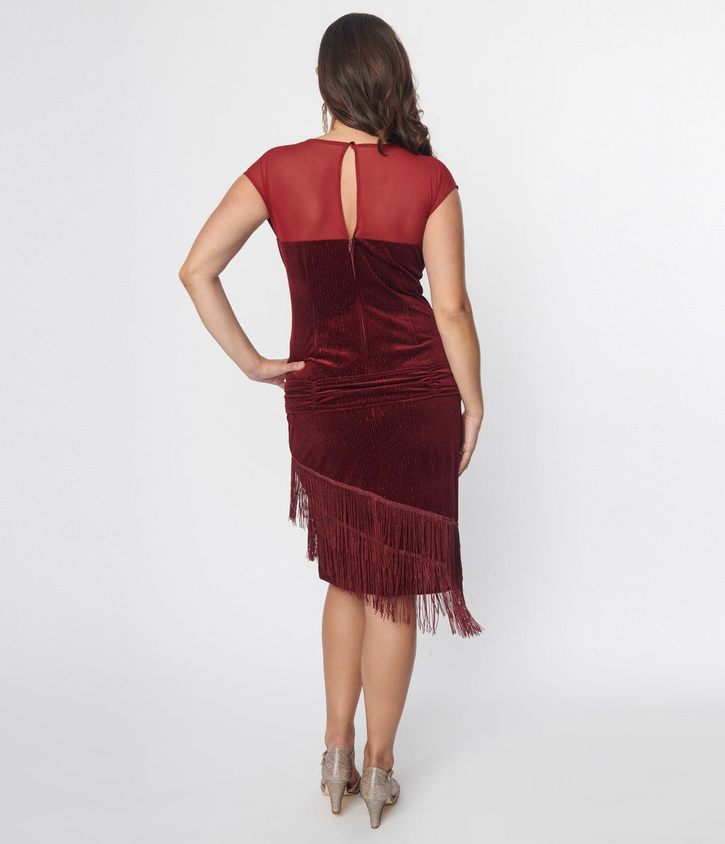  Unique Vintage Burgundy Velvet Fringe Flapper Dress