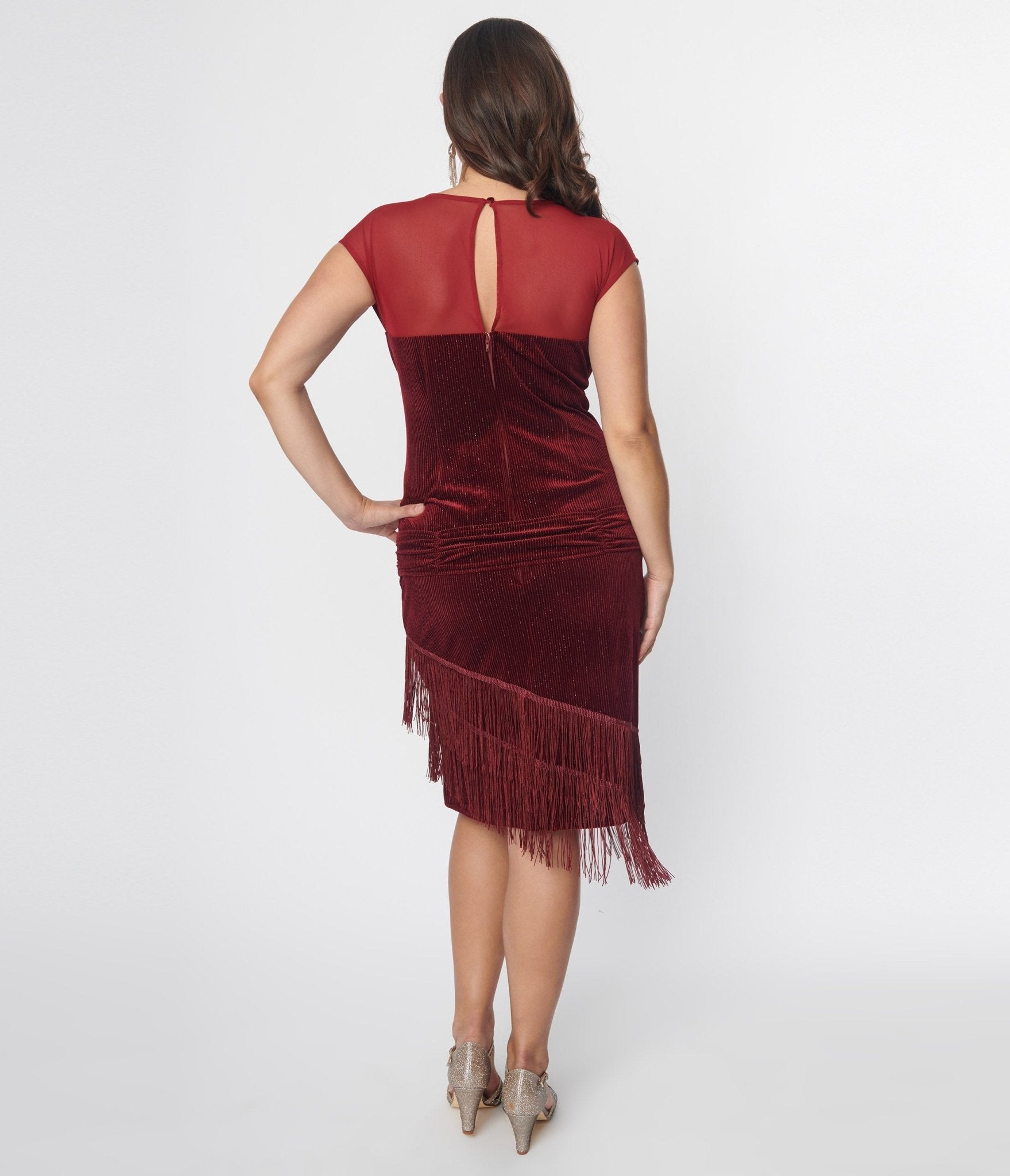  Unique Vintage Burgundy Velvet Fringe Flapper Dress