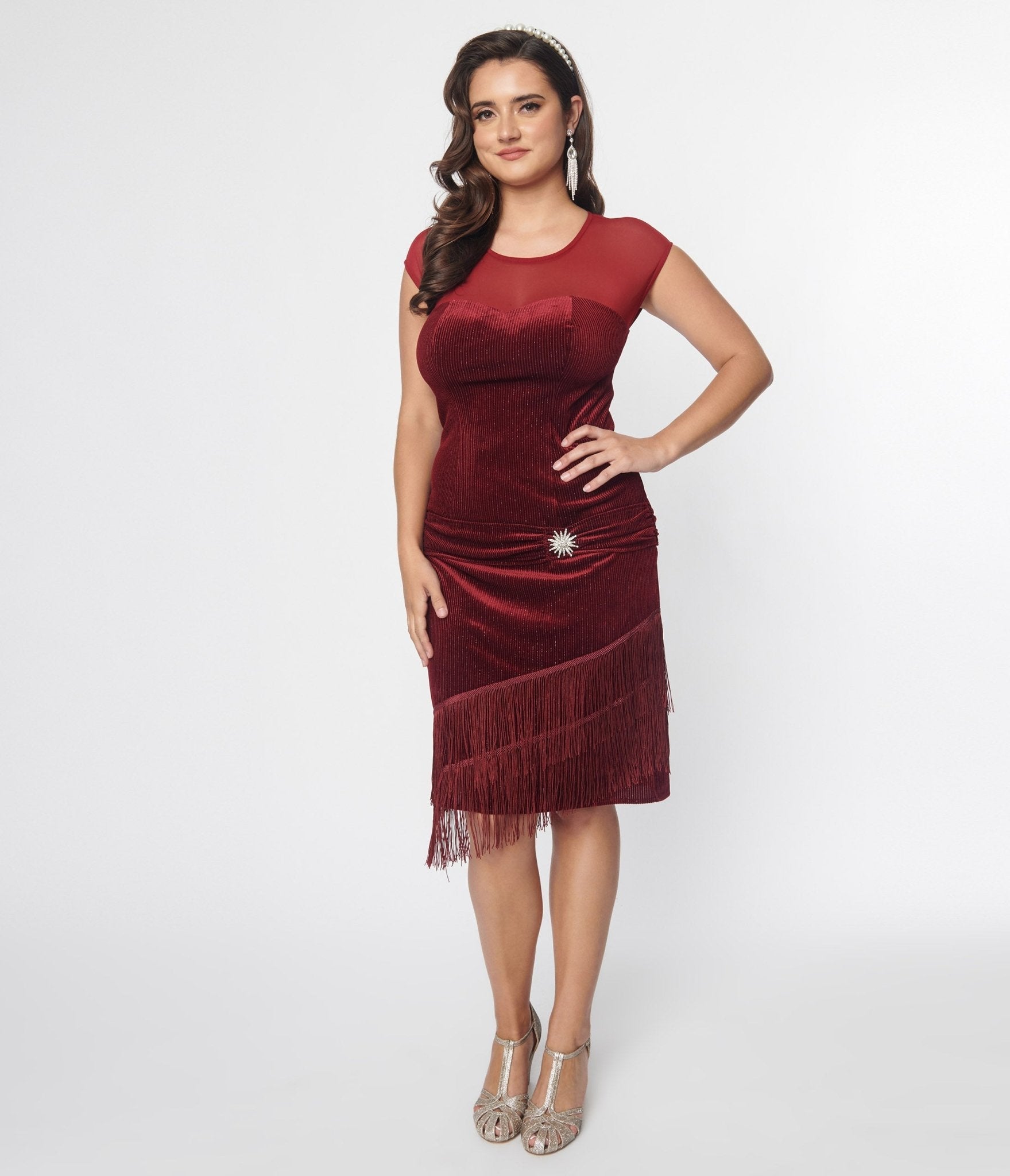  Unique Vintage Burgundy Velvet Fringe Flapper Dress