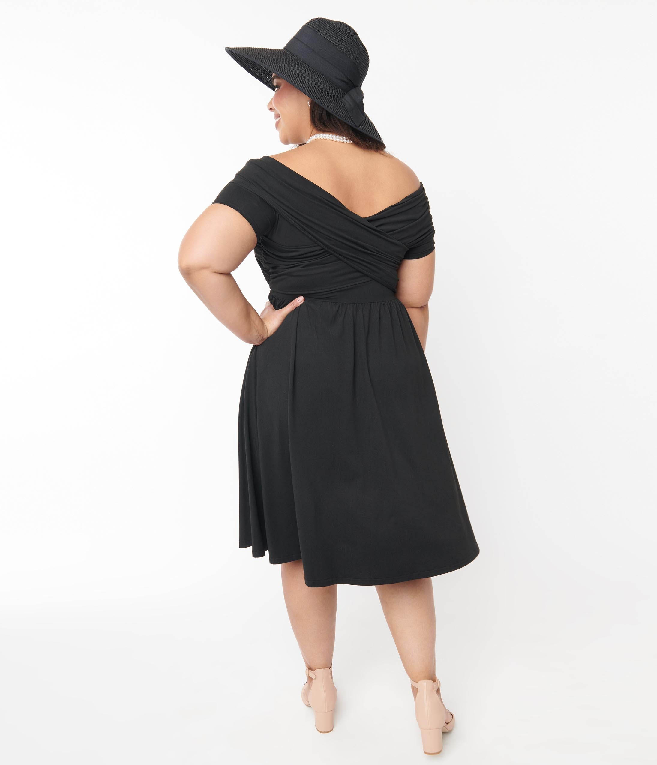  Unique Vintage Curve Black Shirred Swing Dress