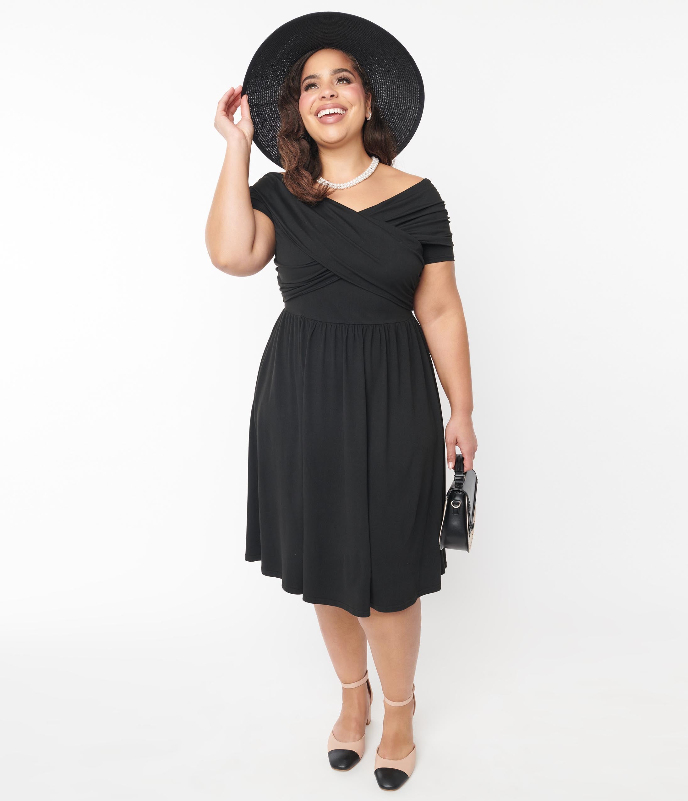  Unique Vintage Curve Black Shirred Swing Dress