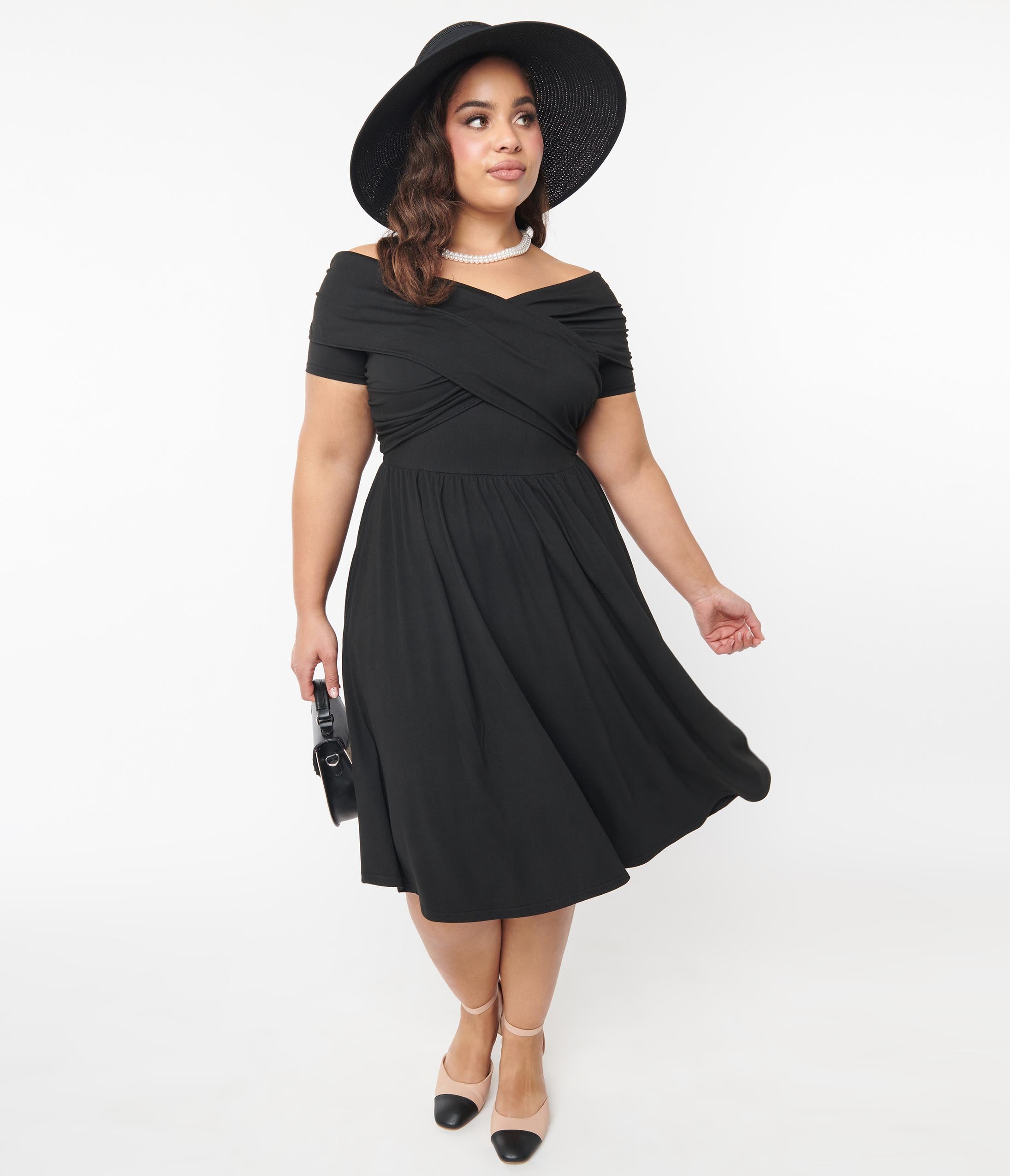  Unique Vintage Curve Black Shirred Swing Dress