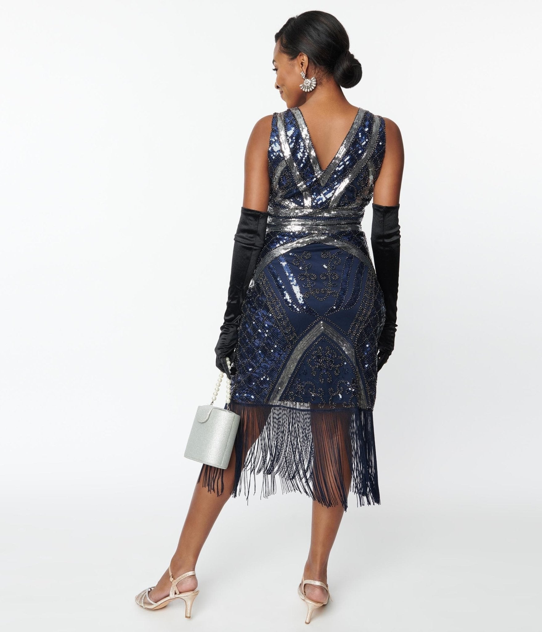  Unique Vintage Dark Blue & Silver Deco Sequin Flapper Dress