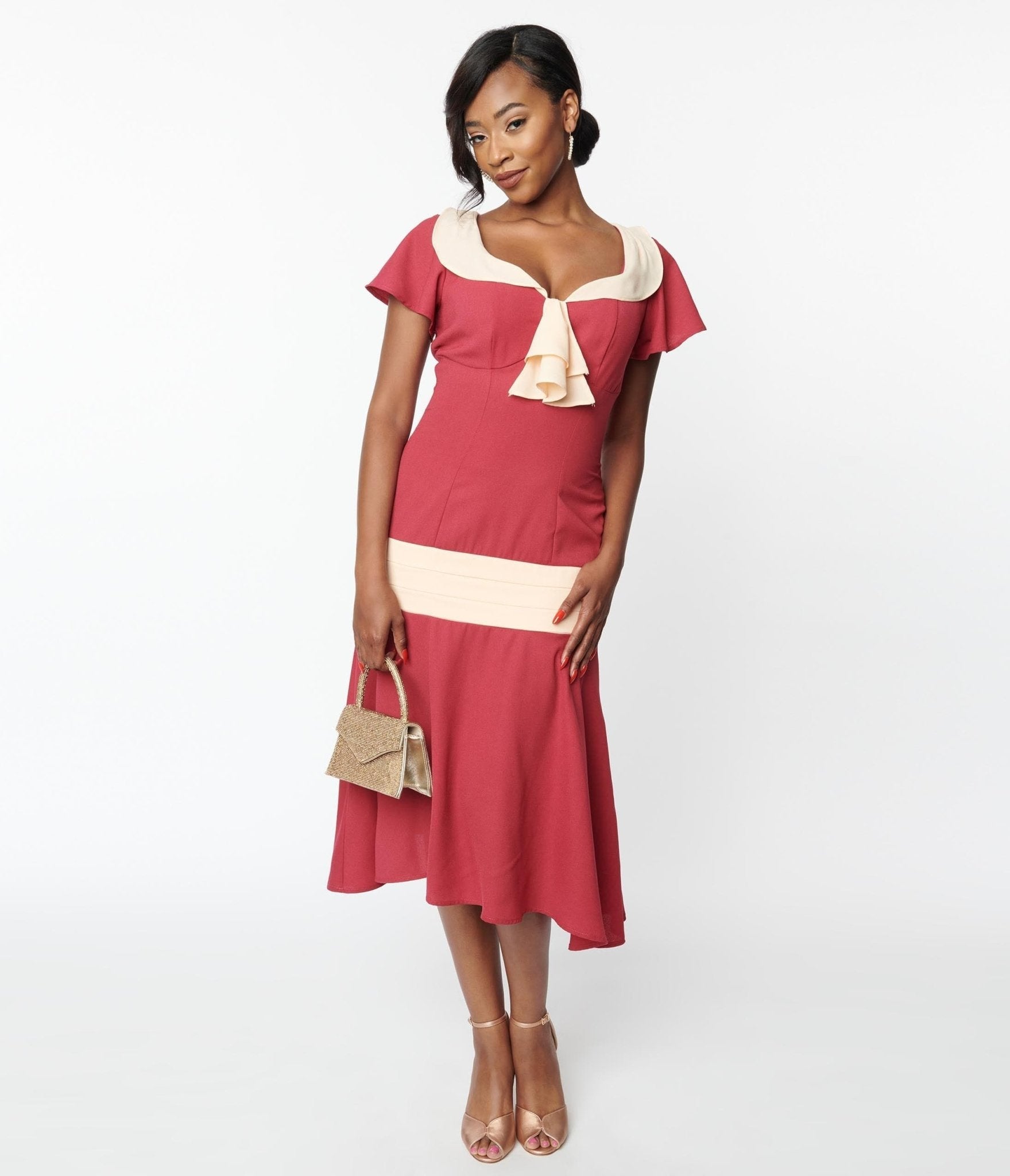  Unique Vintage Dark Rose & Ivory Wilshire Flapper Day Dress