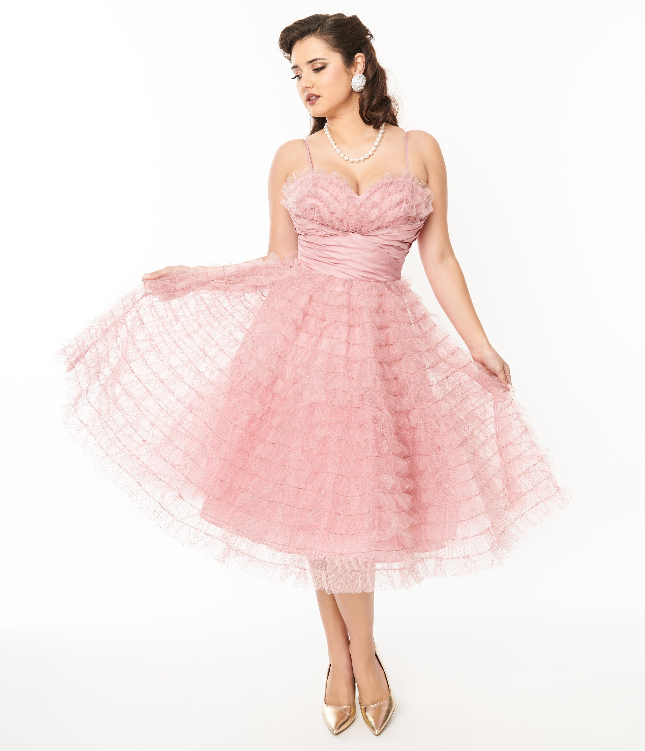  Unique Vintage Dusty Rose Glitter Tulle Cupcake Swing Dress