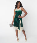  Unique Vintage Emerald Green Crushed Velvet & Ivory Lace Flapper Dress