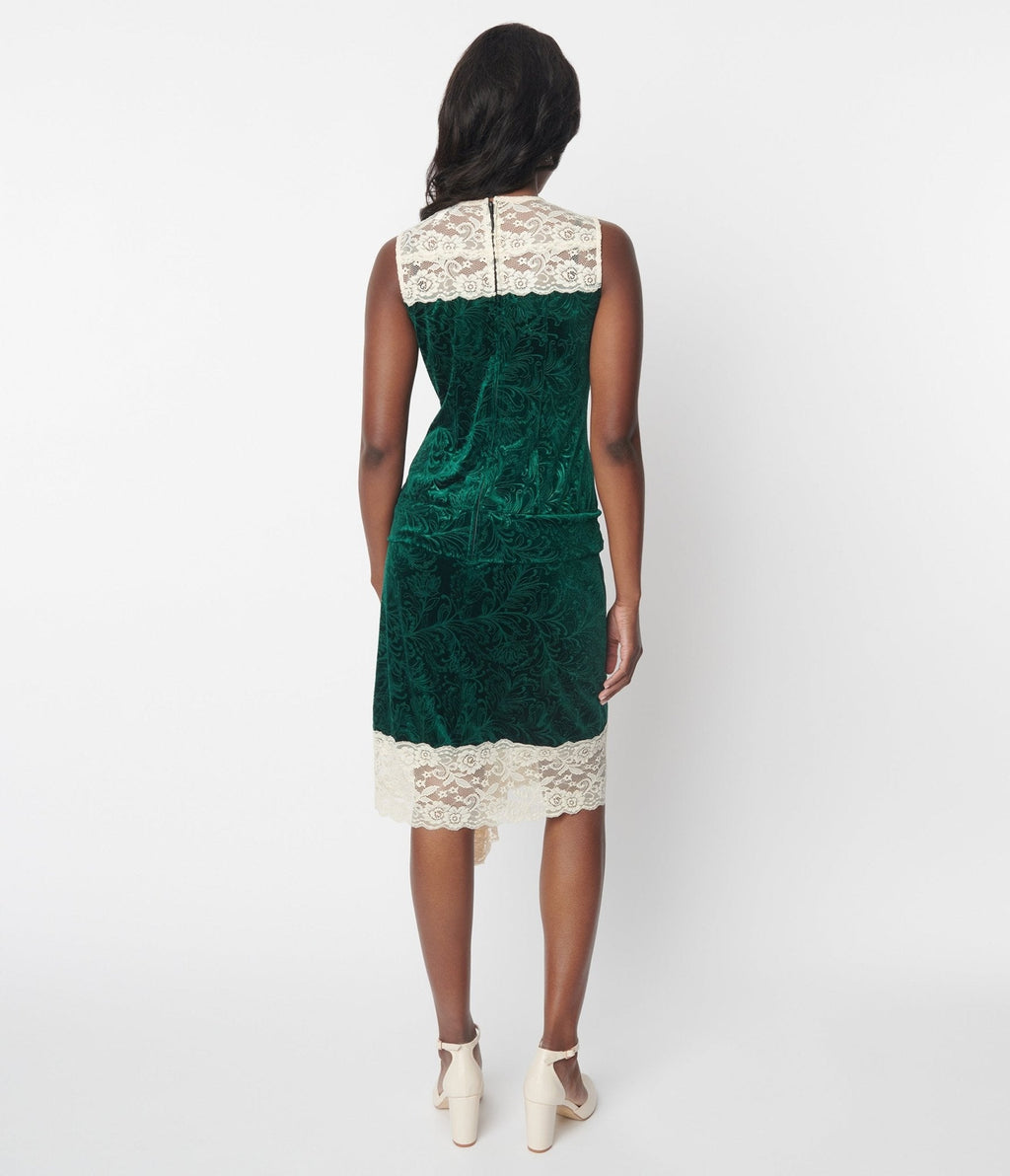  Unique Vintage Emerald Green Crushed Velvet & Ivory Lace Flapper Dress