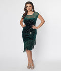  Unique Vintage Emerald Green Velvet Fringe Flapper Dress
