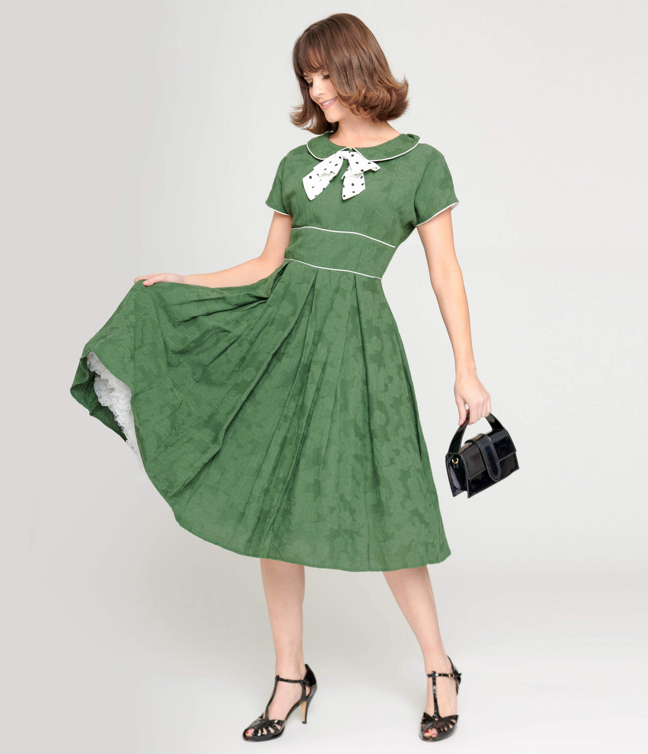  Unique Vintage Green & Ivory Black Dot Swing Dress