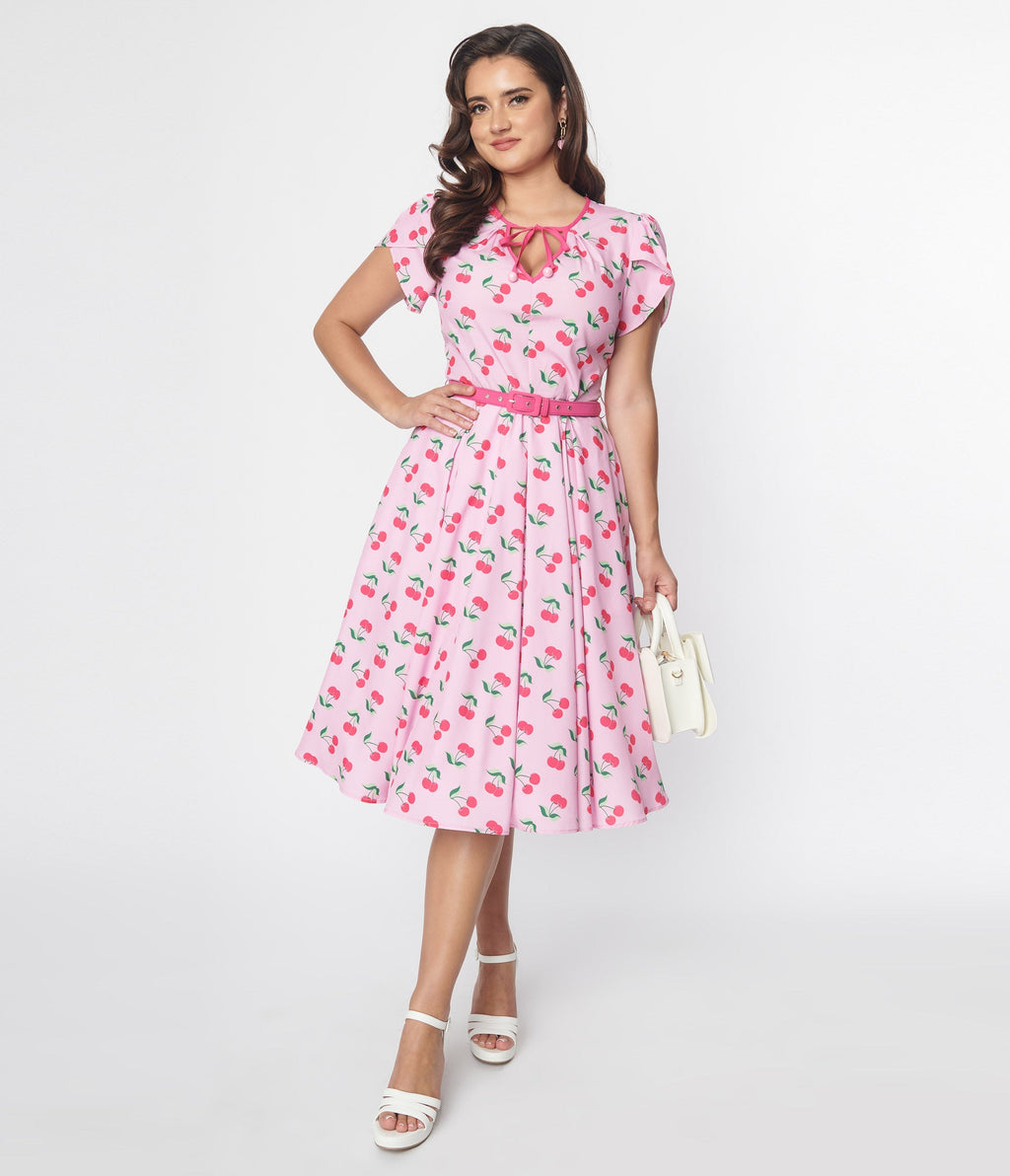  Unique Vintage Lavender & Hot Pink Cherry Print Dahlia Swing Dress