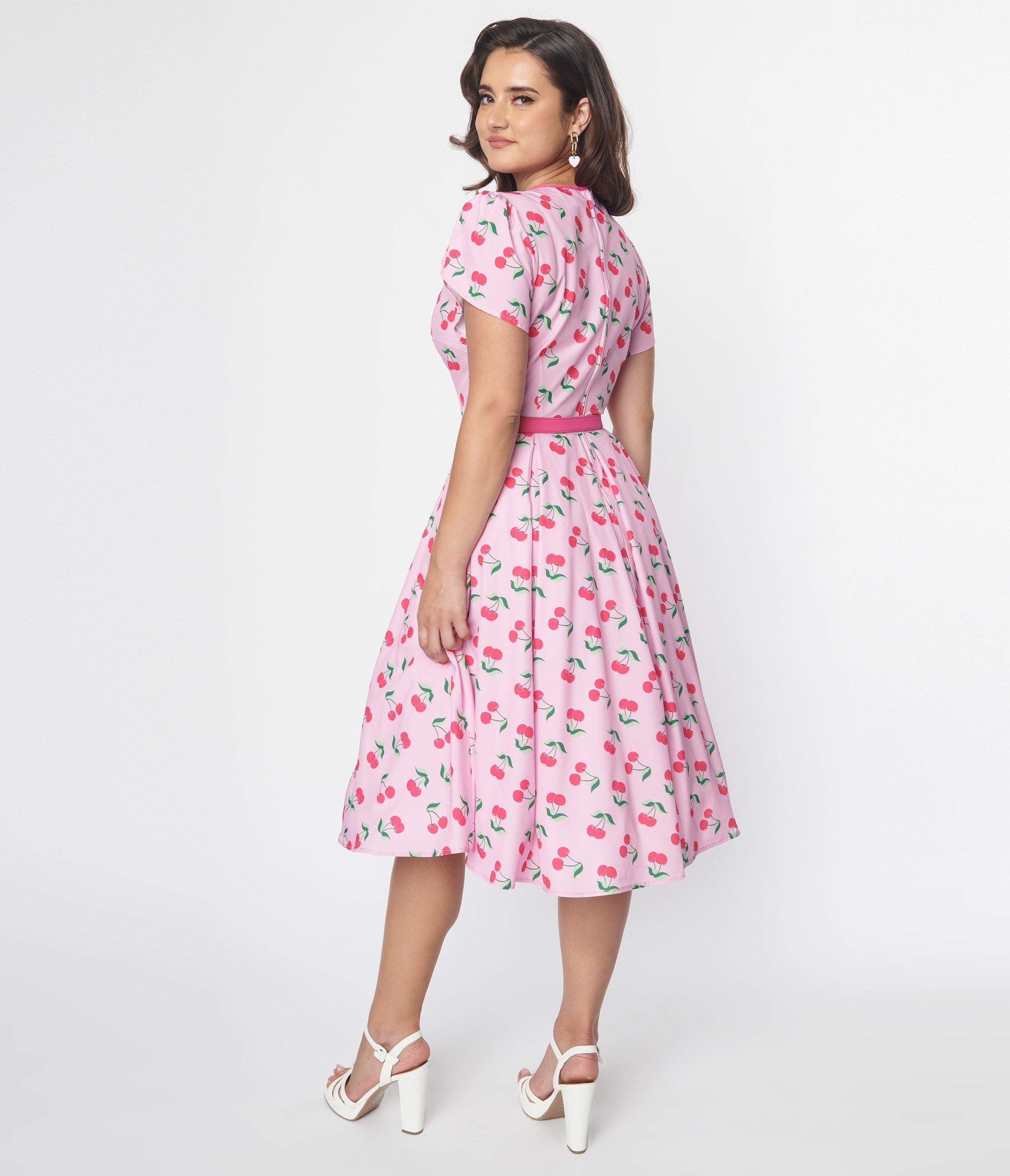  Unique Vintage Lavender & Hot Pink Cherry Print Dahlia Swing Dress