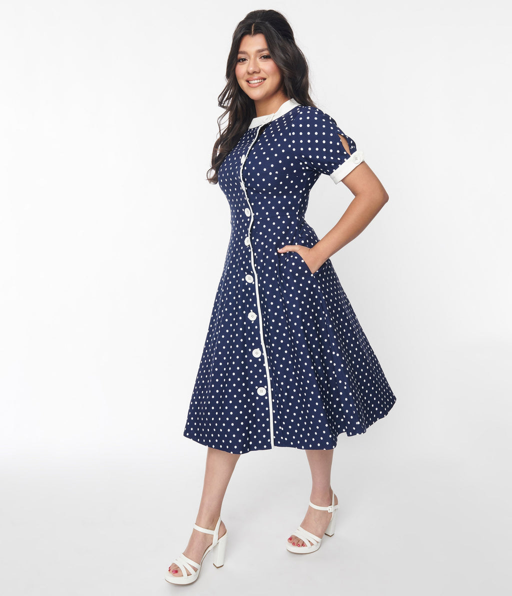  Unique Vintage Navy & White Pin Dot Contrast Button Swing Dress
