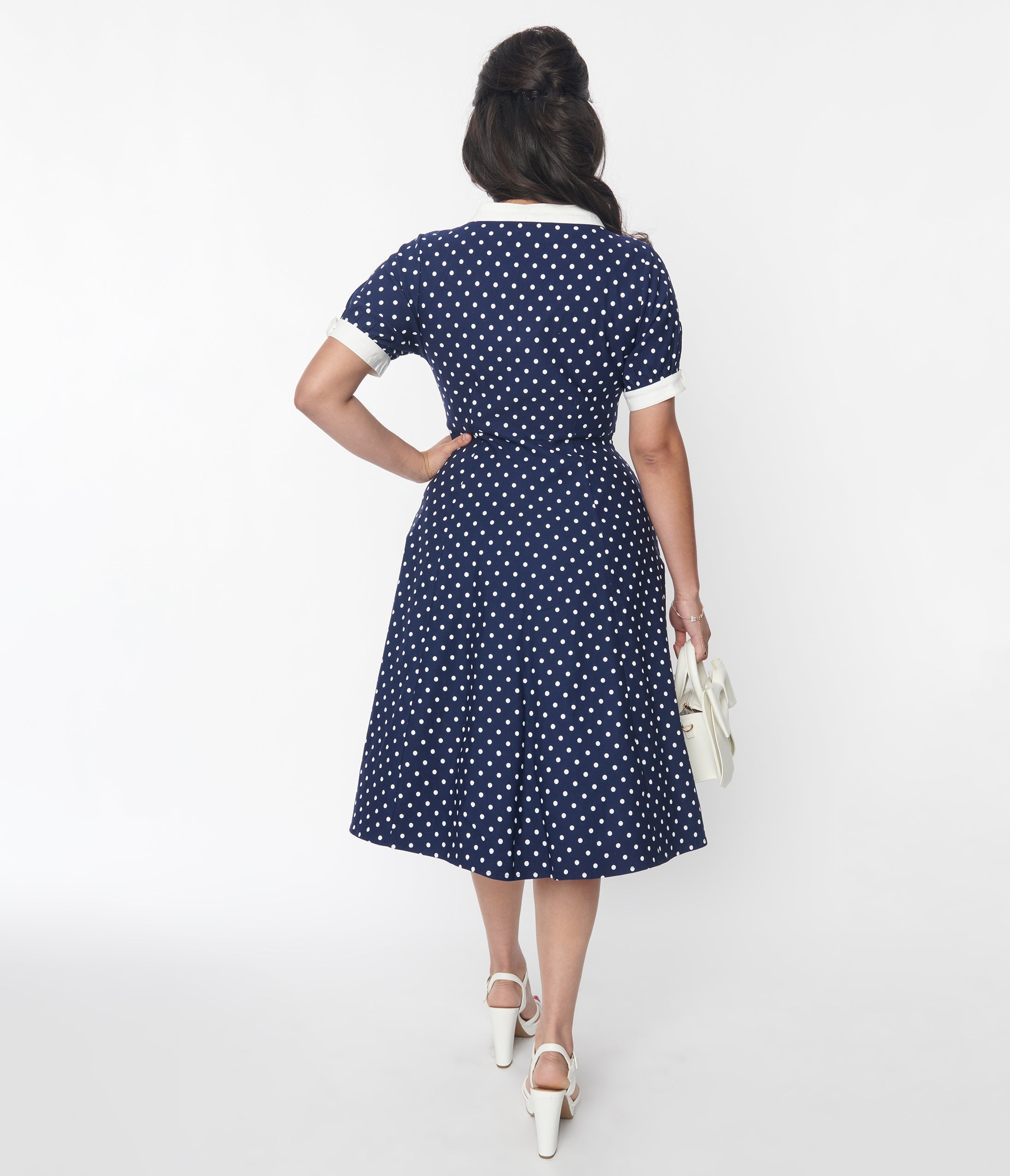  Unique Vintage Navy & White Pin Dot Contrast Button Swing Dress