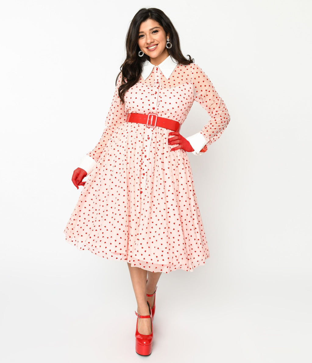 Unique Vintage Pink & Red Flocked Hearts Tulle Swing Dress