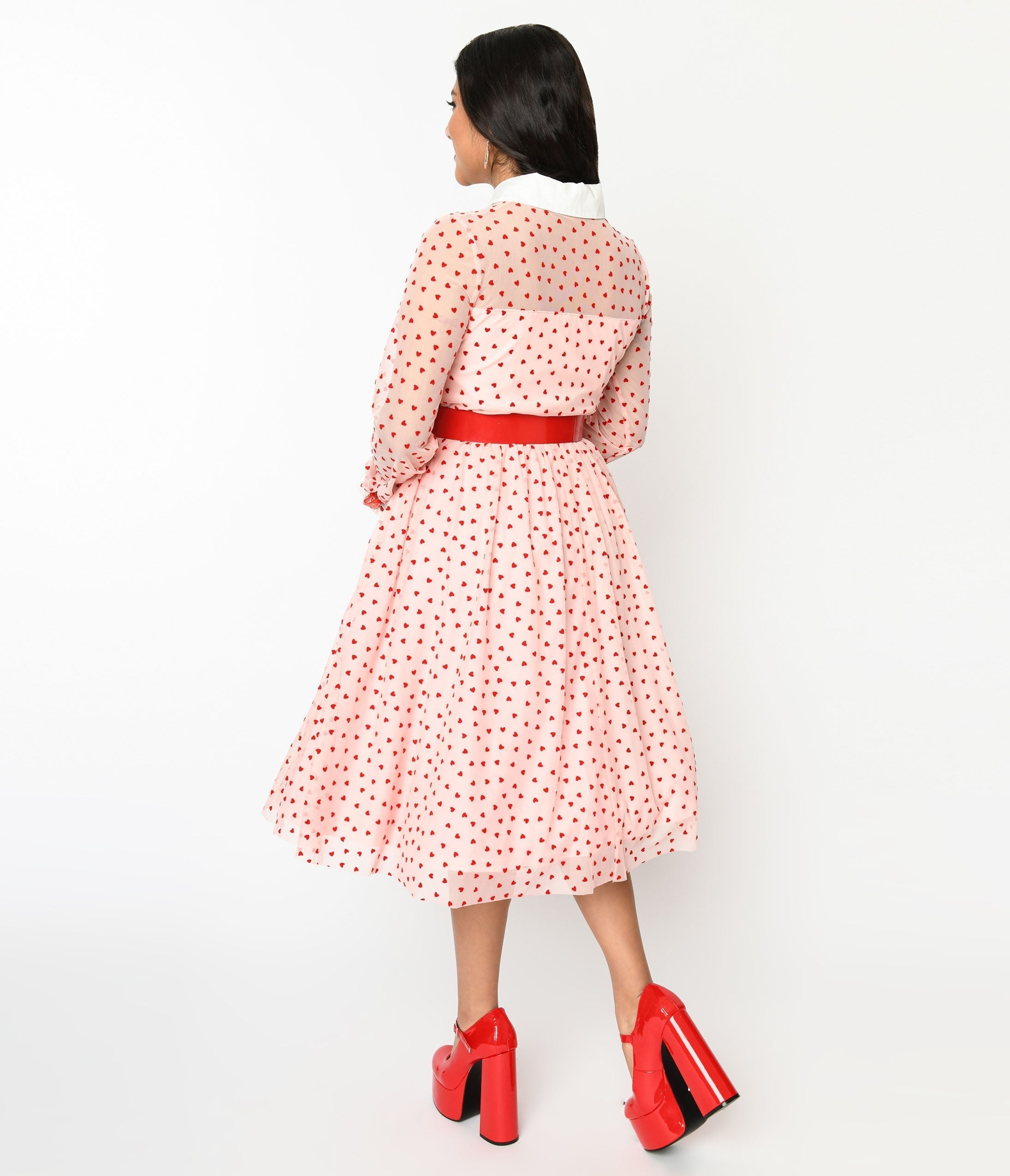  Unique Vintage Pink & Red Flocked Hearts Tulle Swing Dress