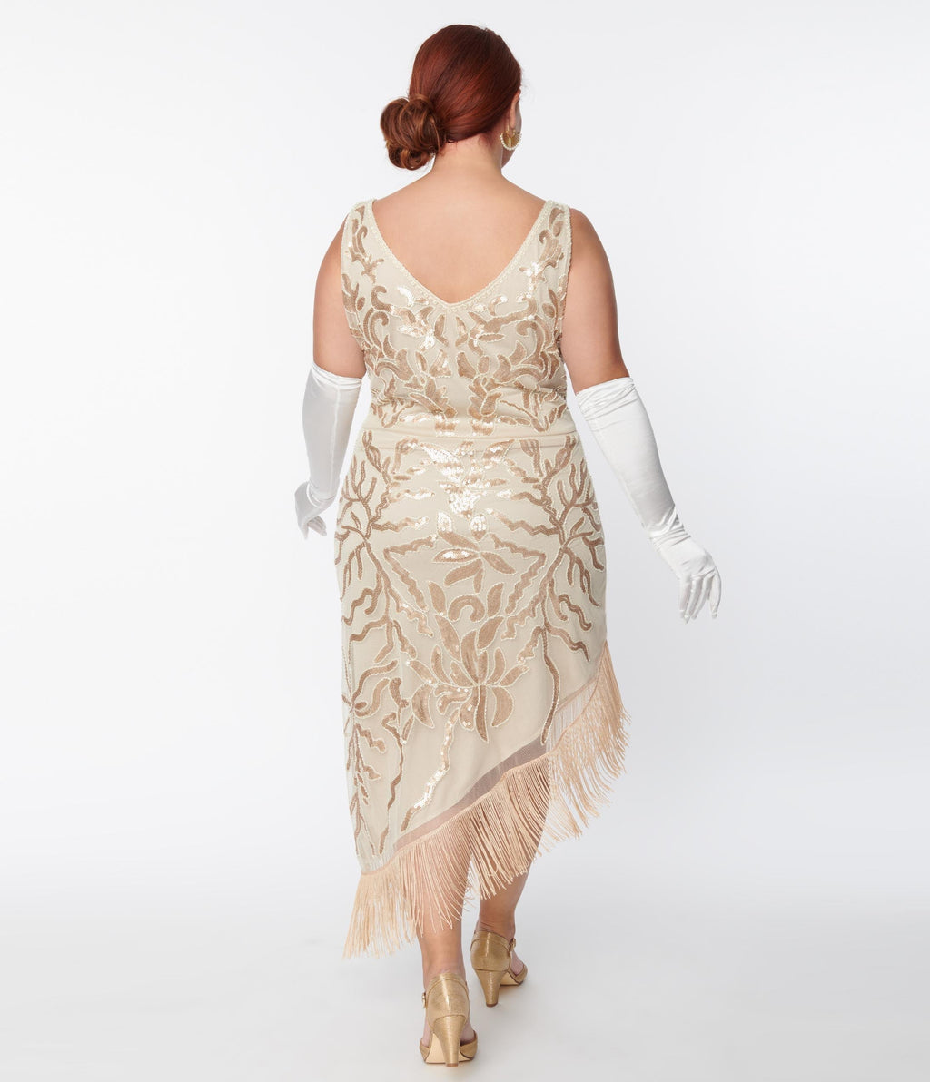  Unique Vintage Plus Size 1920s Beige Beaded Asymmetrical Fringe Flapper Dress