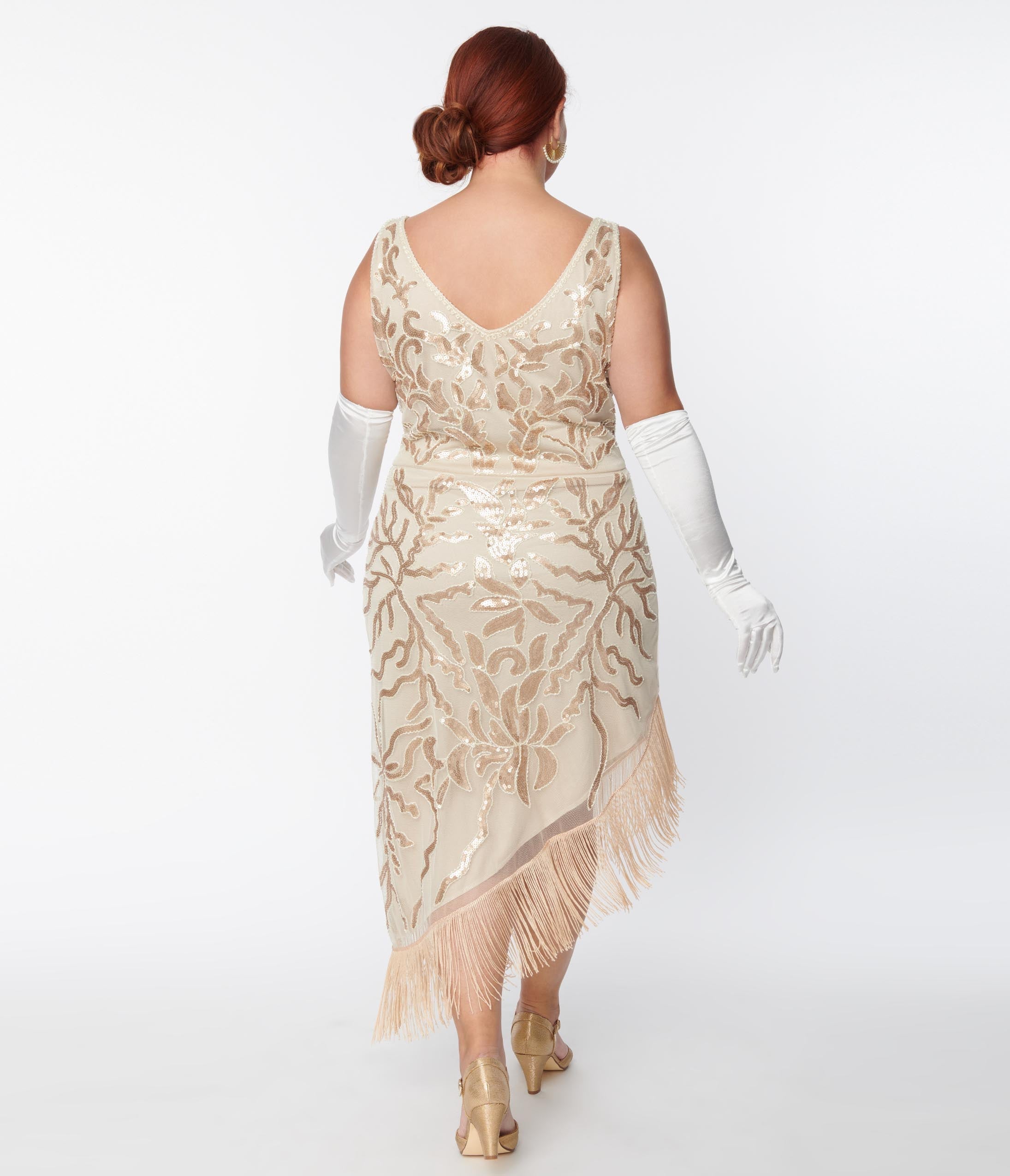  Unique Vintage Plus Size 1920s Beige Beaded Asymmetrical Fringe Flapper Dress