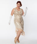  Unique Vintage Plus Size 1920s Beige Beaded Asymmetrical Fringe Flapper Dress