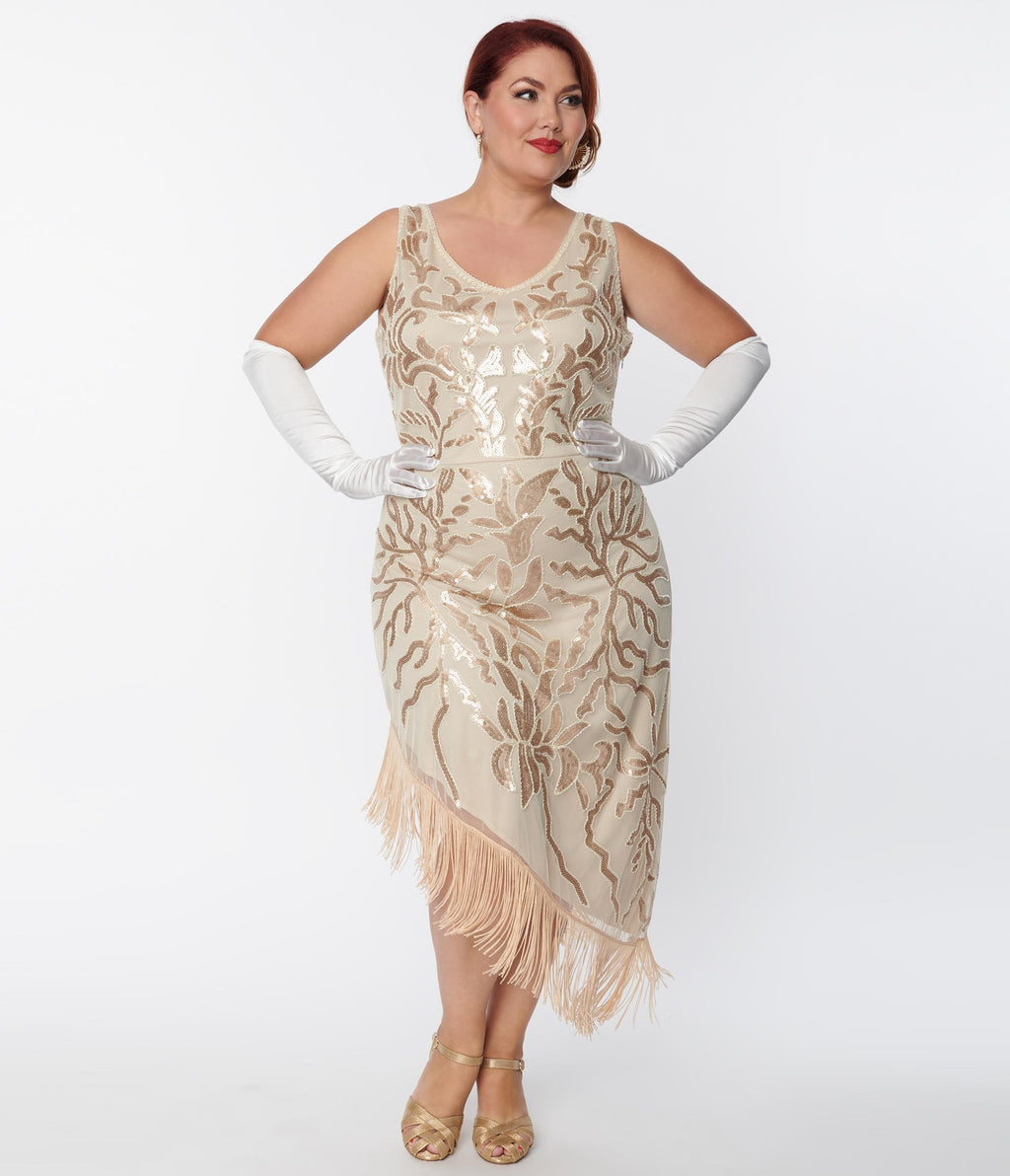  Unique Vintage Plus Size 1920s Beige Beaded Asymmetrical Fringe Flapper Dress