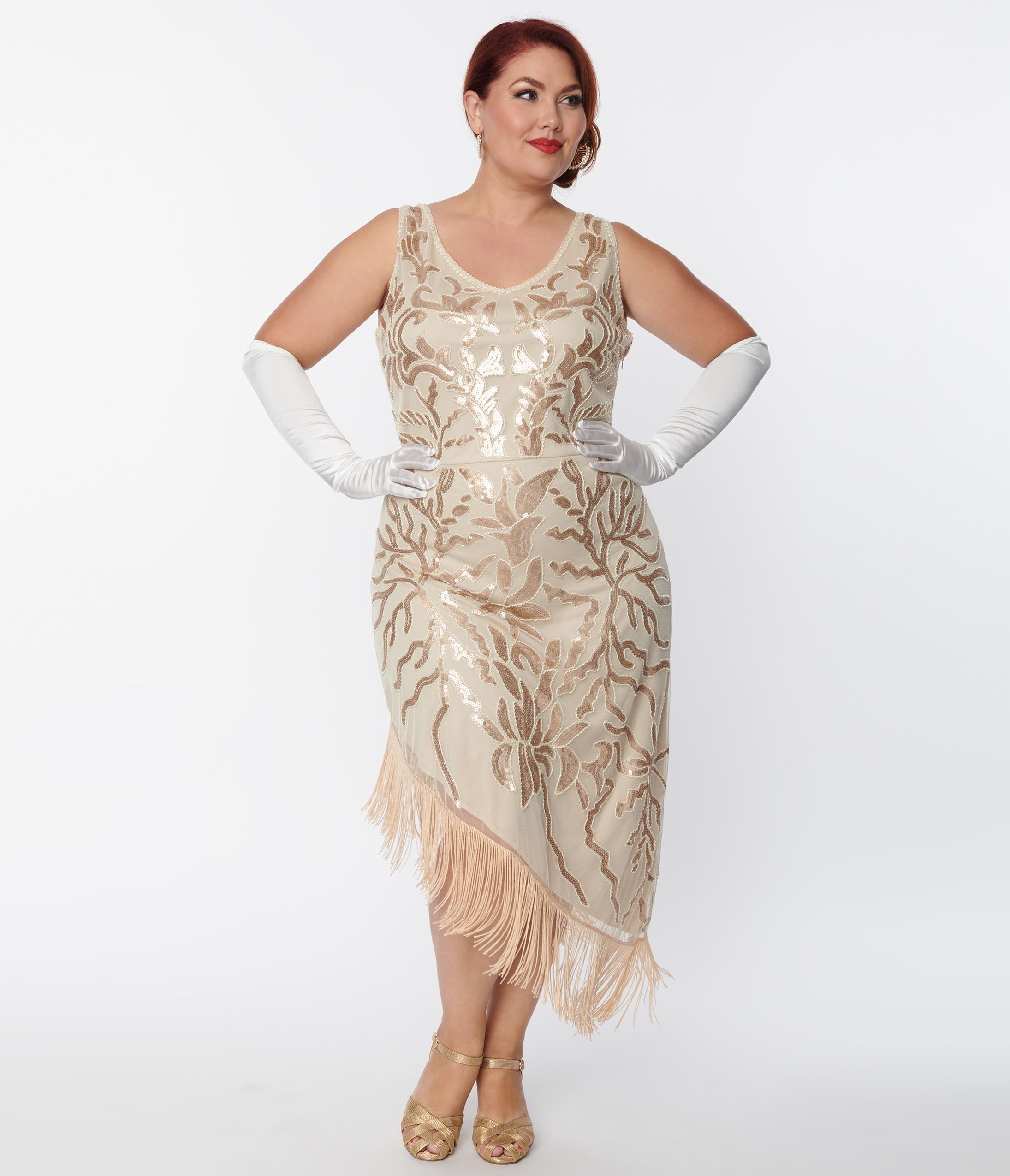  Unique Vintage Plus Size 1920s Beige Beaded Asymmetrical Fringe Flapper Dress