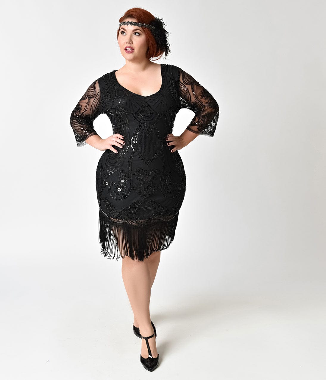  Unique Vintage Plus Size 1920s Black Beaded & Sequin Margaux Sleeved Fringe Flapper Dress