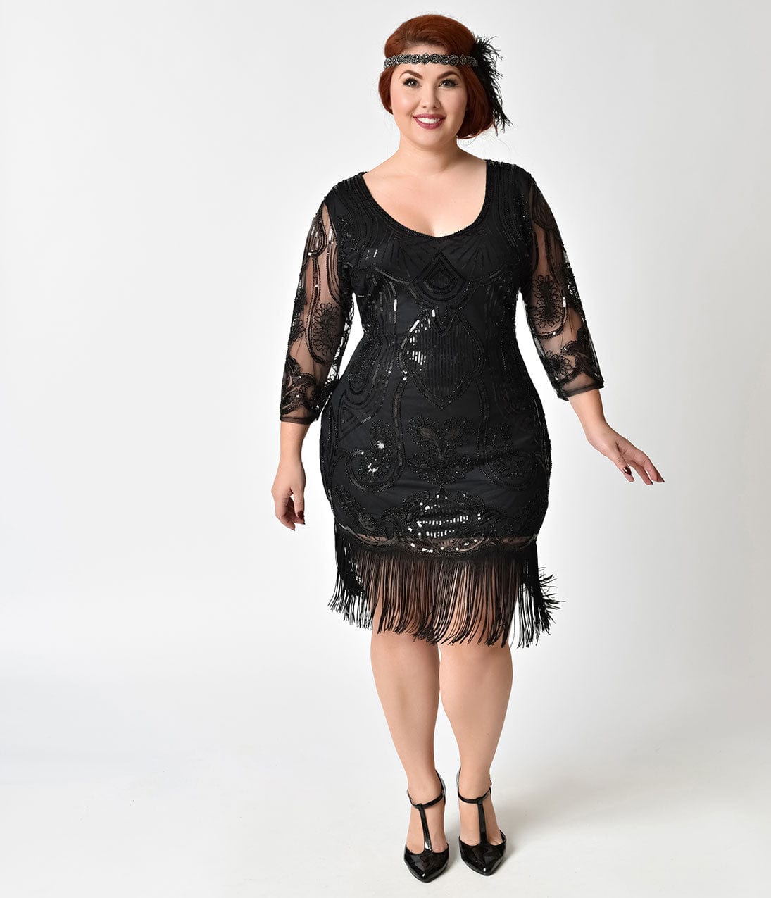  Unique Vintage Plus Size 1920s Black Beaded & Sequin Margaux Sleeved Fringe Flapper Dress