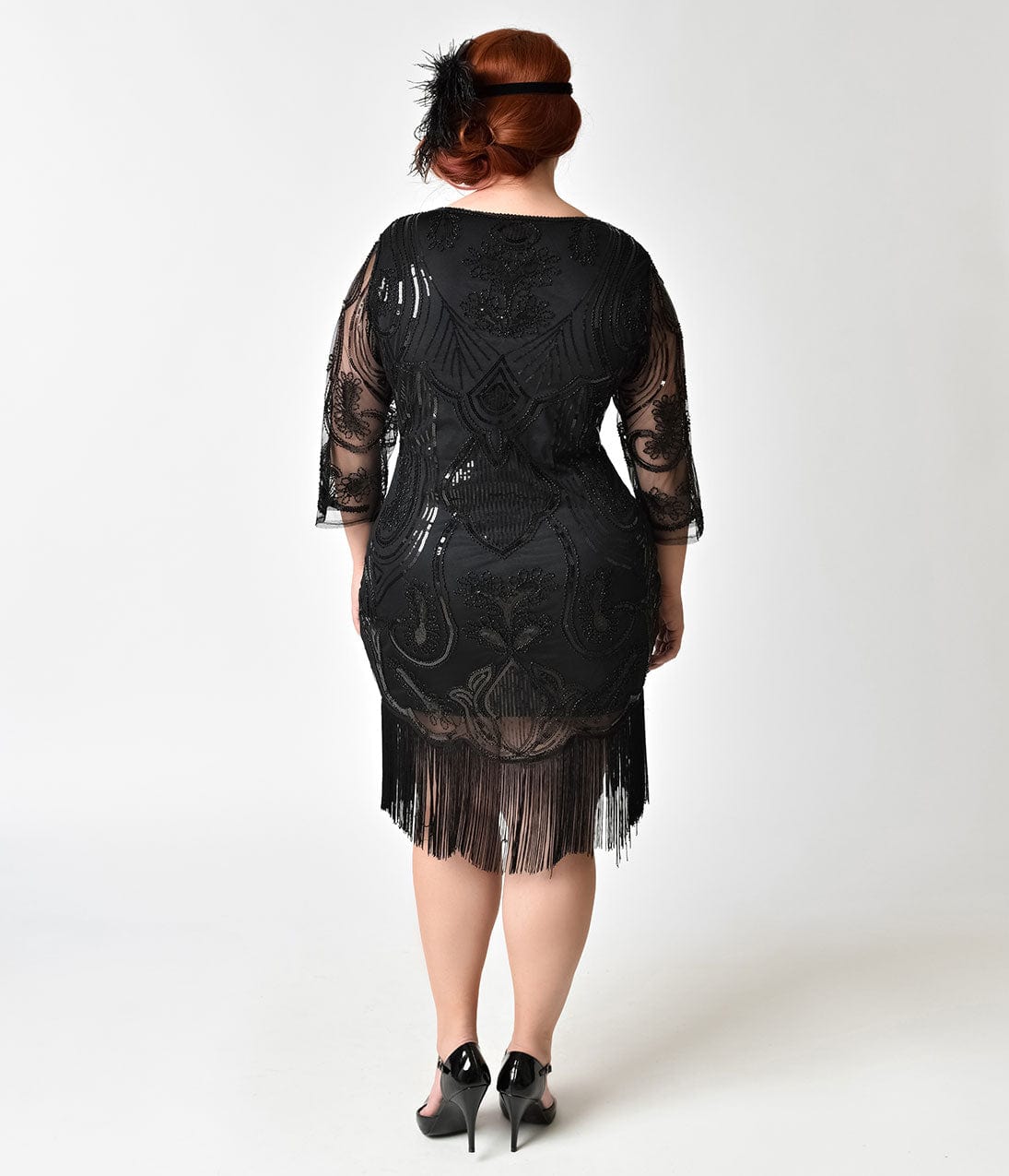  Unique Vintage Plus Size 1920s Black Beaded & Sequin Margaux Sleeved Fringe Flapper Dress
