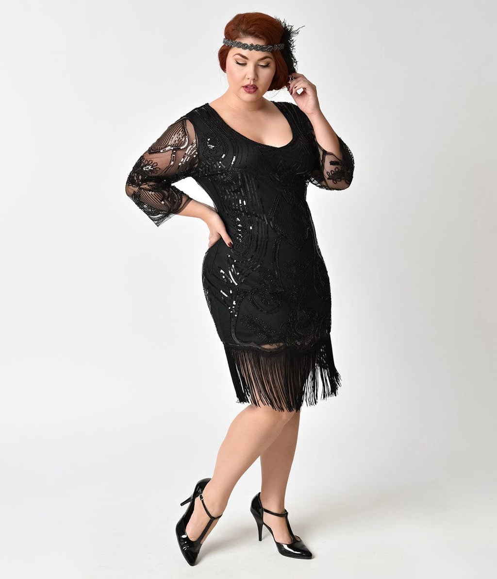  Unique Vintage Plus Size 1920s Black Beaded & Sequin Margaux Sleeved Fringe Flapper Dress