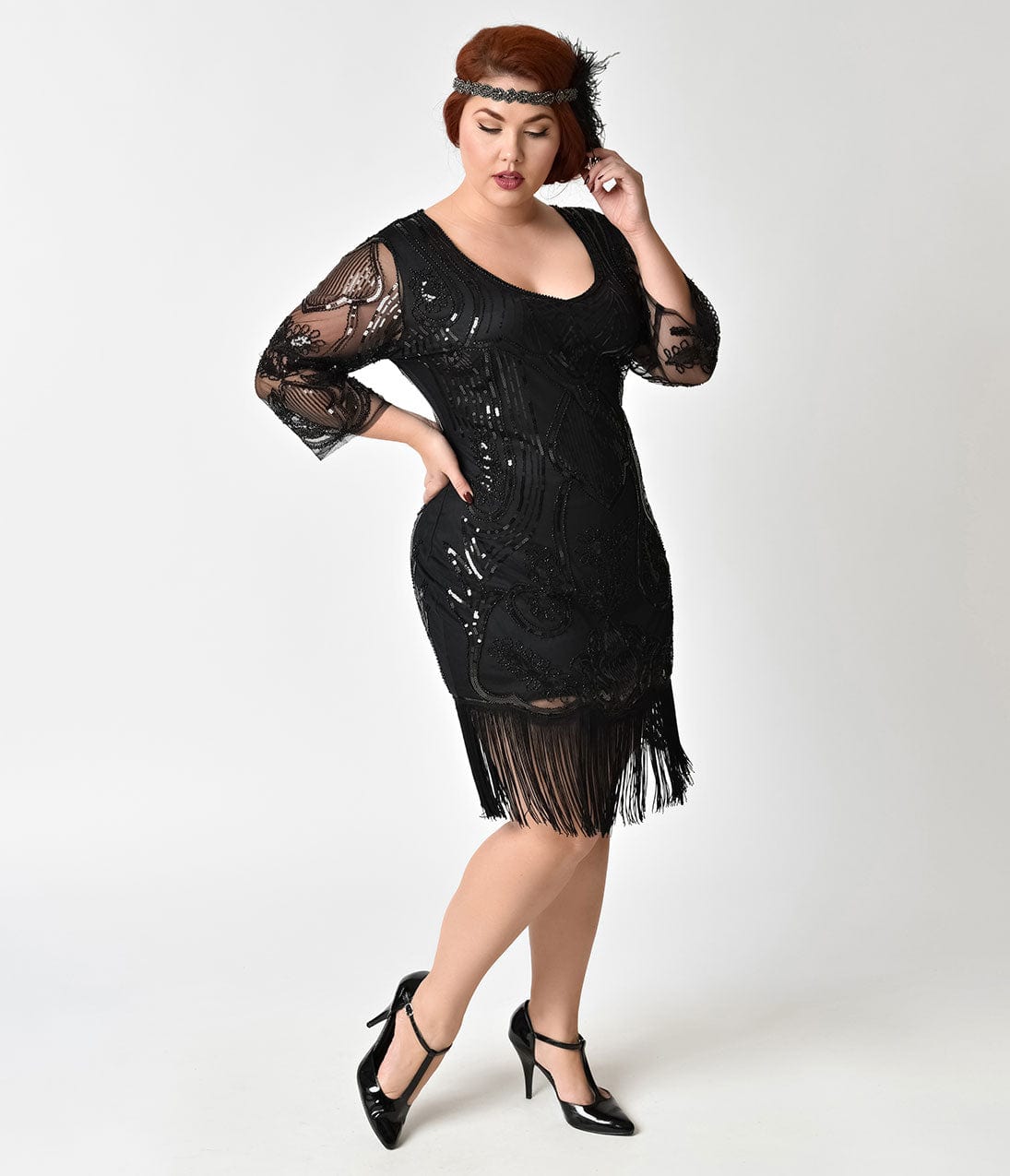  Unique Vintage Plus Size 1920s Black Beaded & Sequin Margaux Sleeved Fringe Flapper Dress