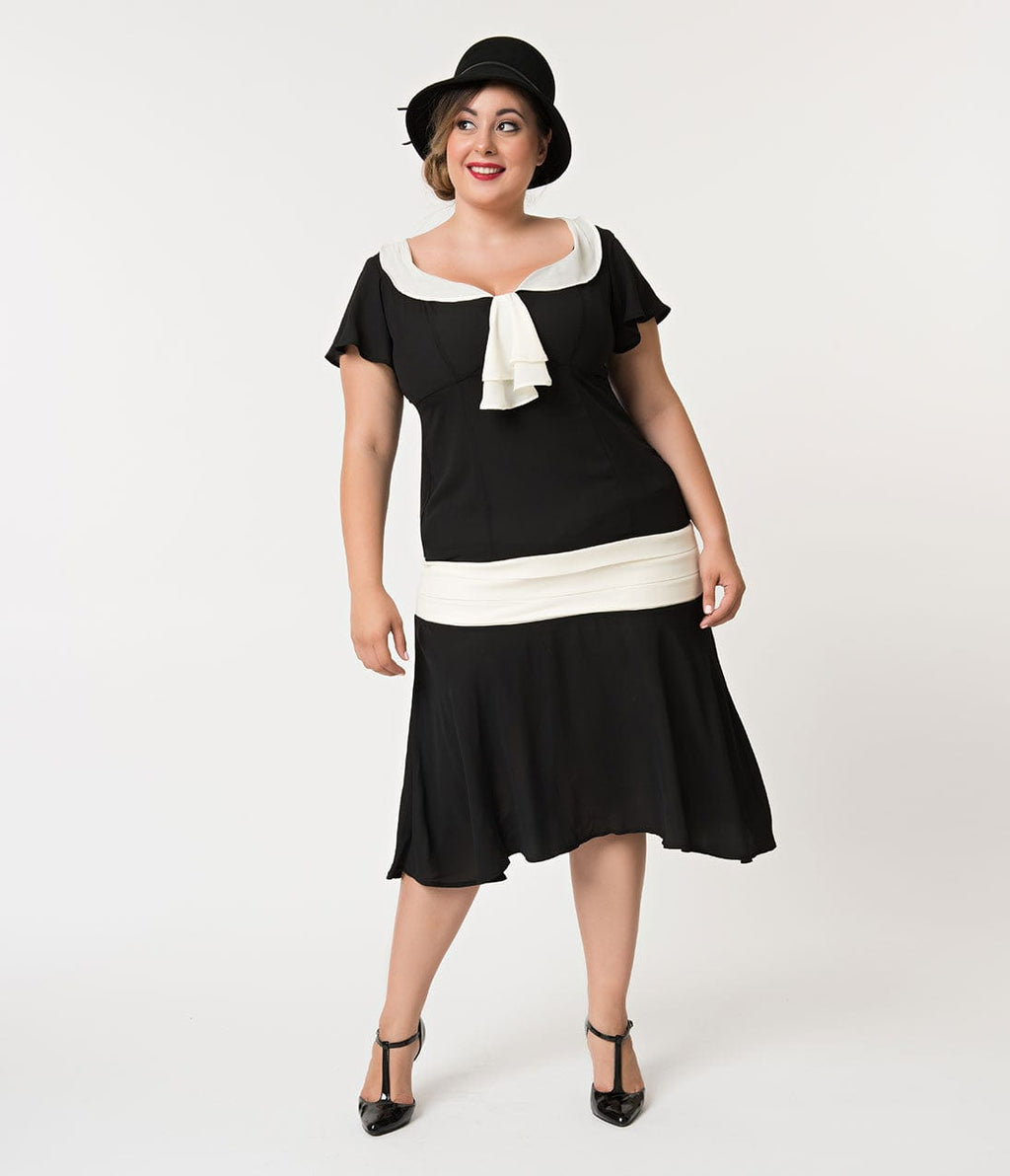  Unique Vintage Plus Size 1920s Black & Cream Wilshire Flapper Day Dress
