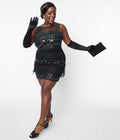  Unique Vintage Plus Size 1920s Black & Iridescent Sequin Sleeveless Flapper Dress