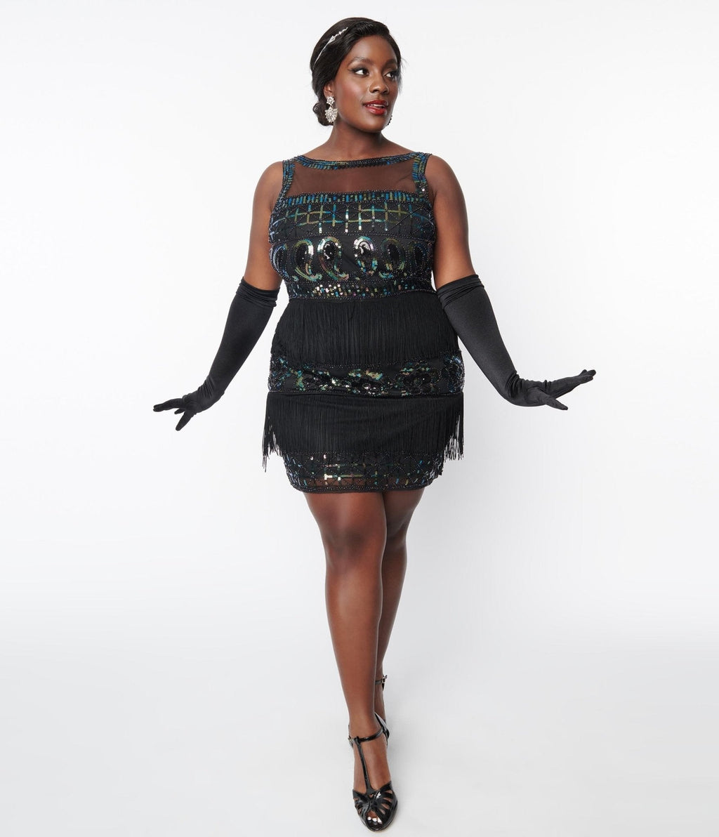  Unique Vintage Plus Size 1920s Black & Iridescent Sequin Sleeveless Flapper Dress