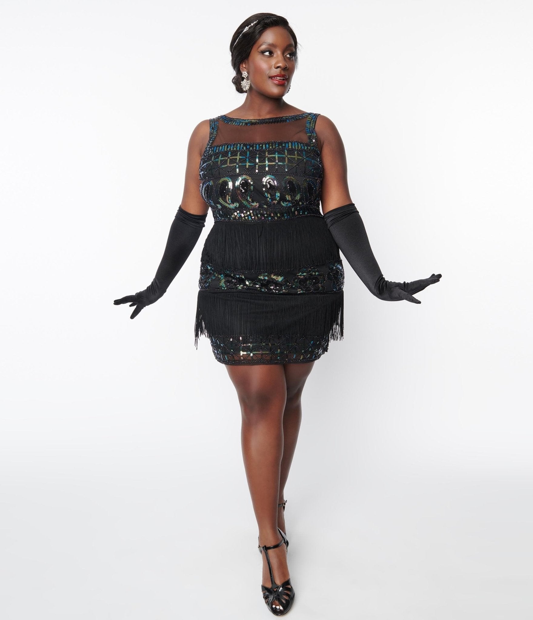  Unique Vintage Plus Size 1920s Black & Iridescent Sequin Sleeveless Flapper Dress