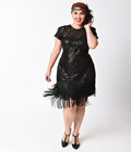  Unique Vintage Plus Size 1920s Black Sequin Fringe Del Mar Flapper Dress