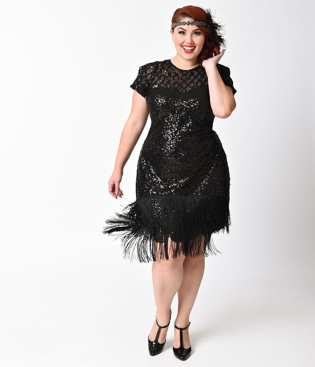  Unique Vintage Plus Size 1920s Black Sequin Fringe Del Mar Flapper Dress