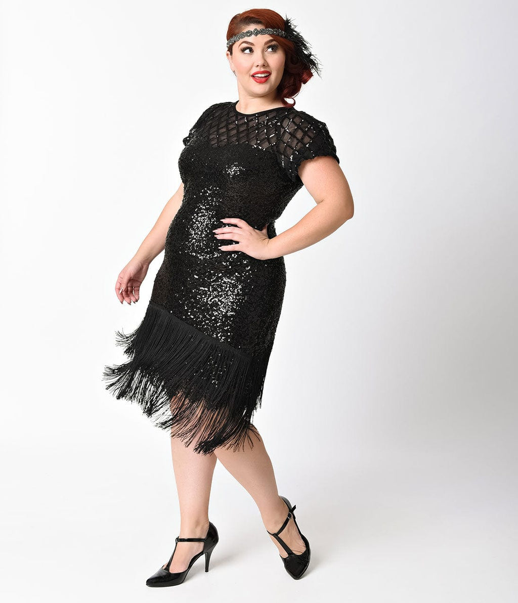  Unique Vintage Plus Size 1920s Black Sequin Fringe Del Mar Flapper Dress