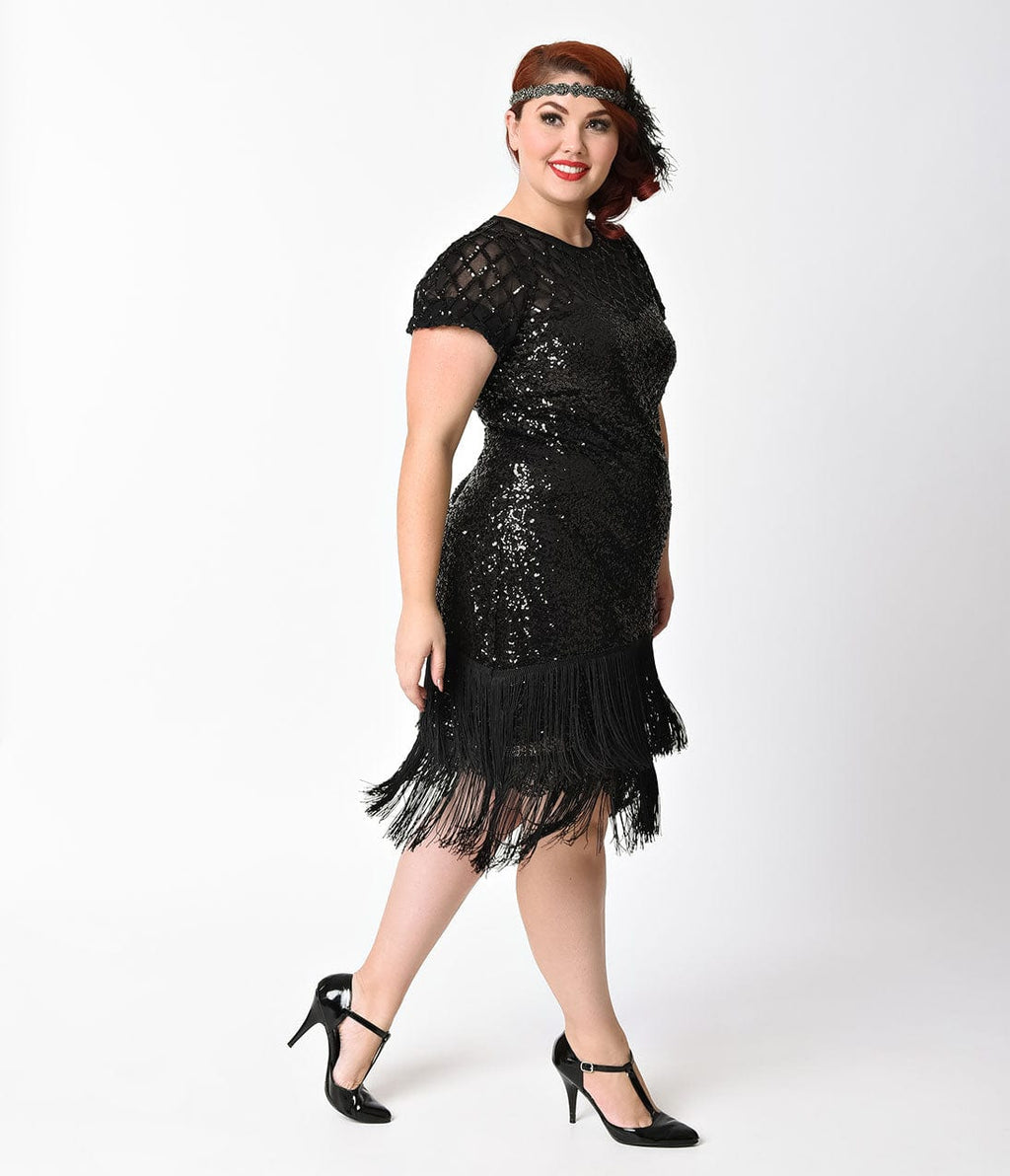  Unique Vintage Plus Size 1920s Black Sequin Fringe Del Mar Flapper Dress
