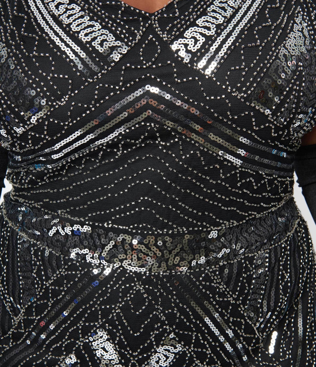 Unique Vintage Plus Size 1920s Black & Silver Sequin Flapper Dress