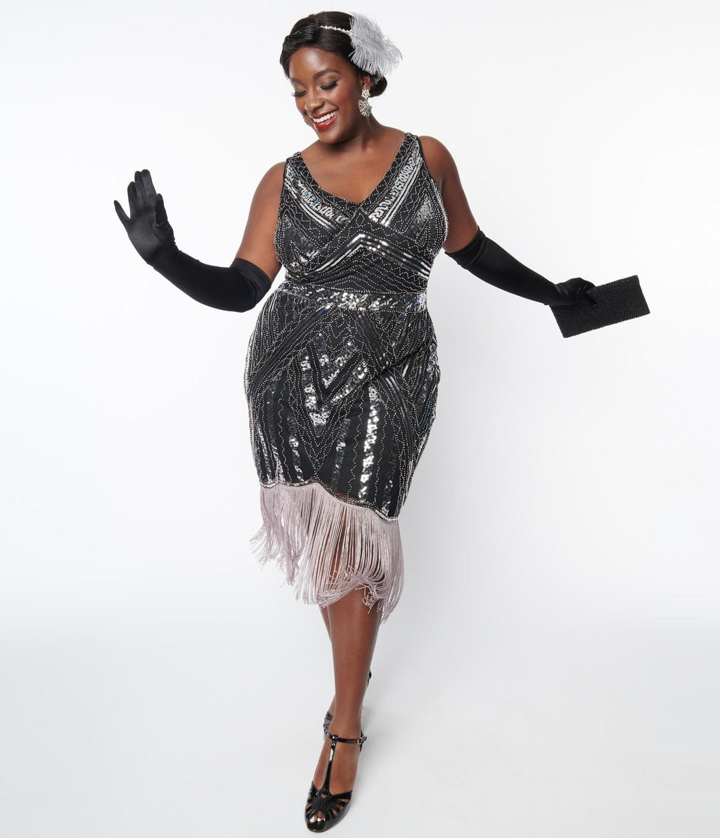  Unique Vintage Plus Size 1920s Black & Silver Sequin Flapper Dress